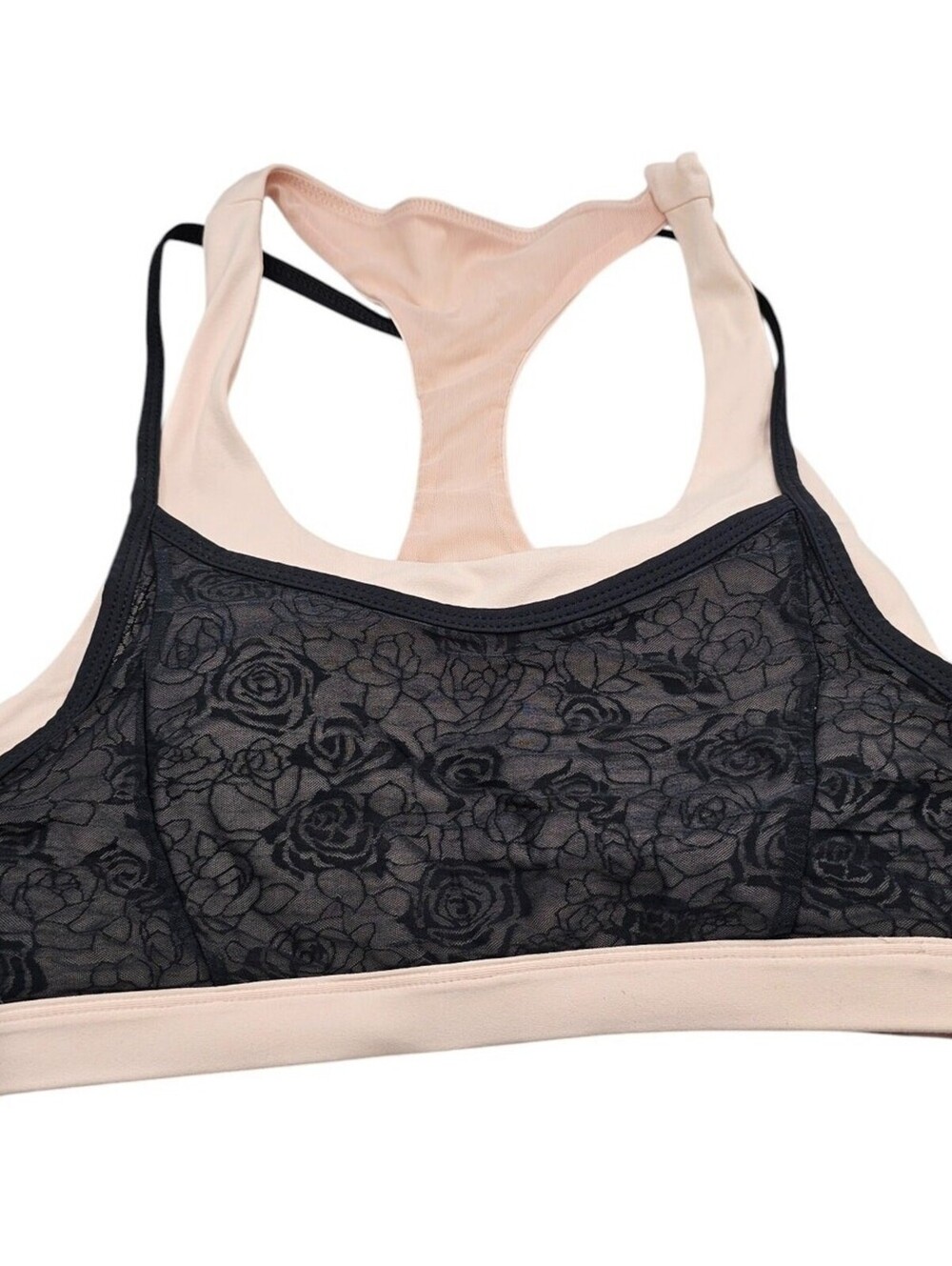 Fabletics Womens Sz M Racerback Sports Bra Light Pink w/ Black Lace Overlay